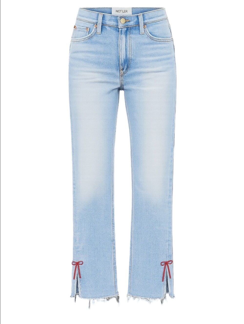 Mother Denim Rambler Zip Slice Hover Fray Jeans Women’s 32 Light Wash Red Bow - Picture 2 of 10
